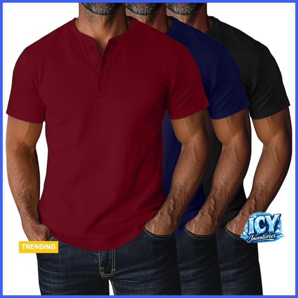 Men's Big and Tall Henley T-Shirts 3 Pack Short Sleeve Polyester Blend